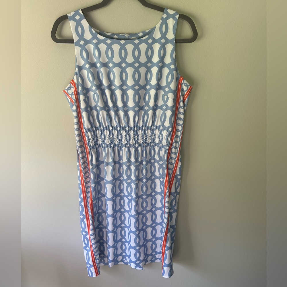 Gretchen Scott Sleeveless Light Blue Dress Orange Side Stripe Chain Link Print